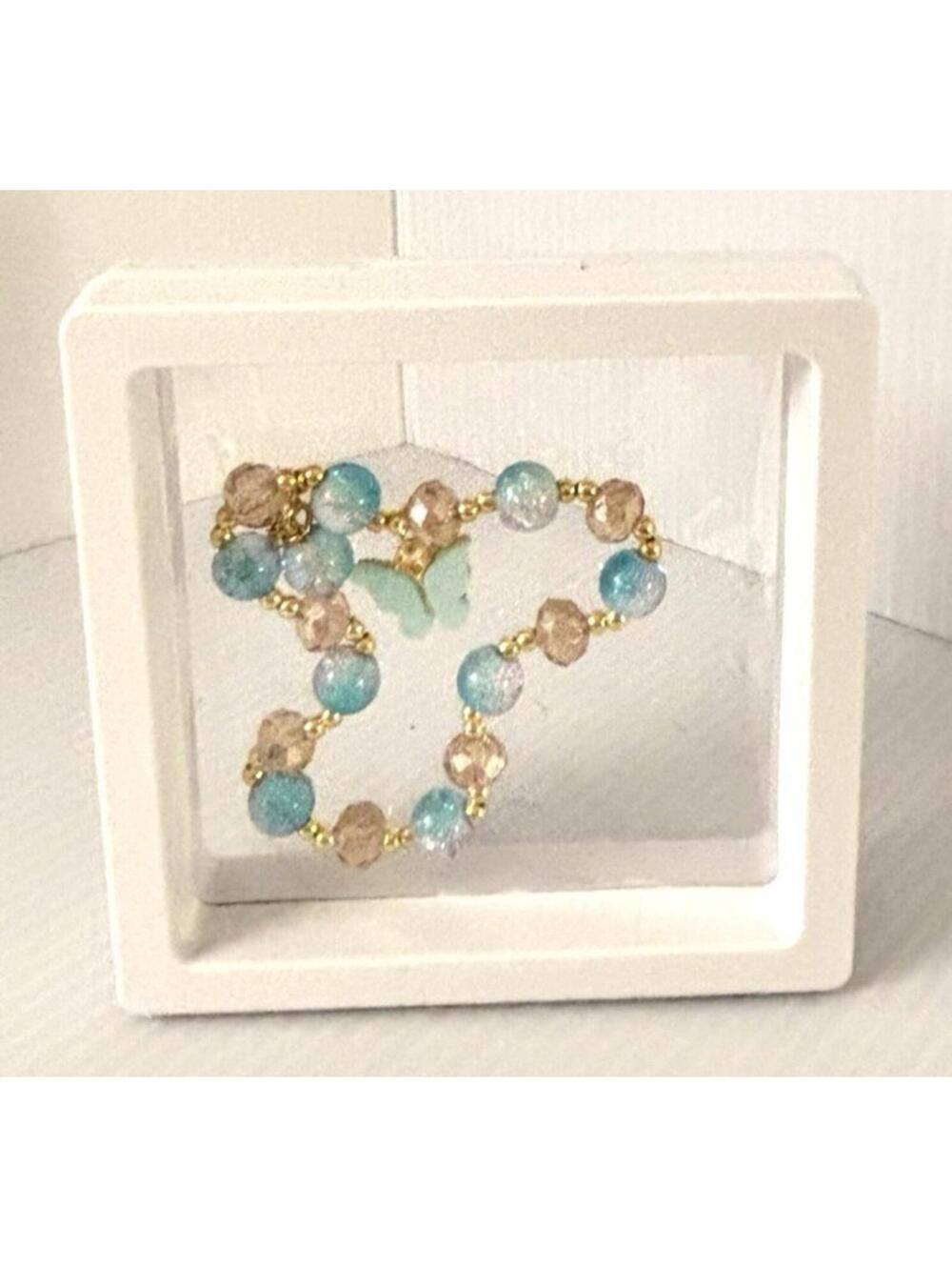 Blue & Gold Beaded Stretch Bracelet with Butterfly Charm in 3D Display Case